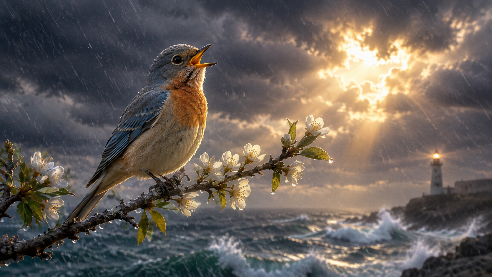 A bluebird sings through a storm above rough seas as light breaks through the clouds, reflecting the enduring hope found in God.